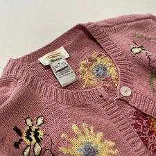 Talbot’s Vintage Bee Flower Cardigan Novelty Pink Hand Knit Linen Cotton Medium