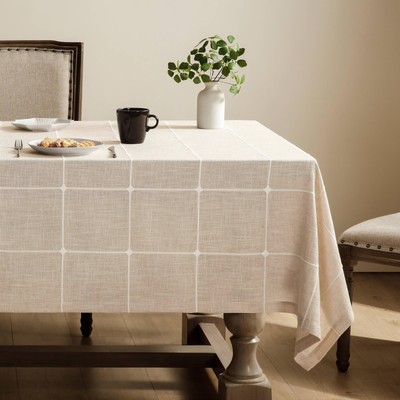 Grid Embroidered Hemmed Tablecloths, Light Tan 52x70 Inch, Farmhouse Style He...
