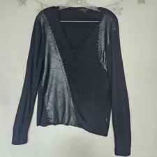 BCBG Maxazria Medium Ribbed Black Faux Leather Vegan Whip Stitch Top Mix Media