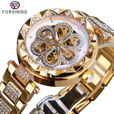 Damenuhr f. Forsining GMT1169-1 mechanisch Gold Edelstahl Strass Wasserdicht
