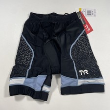 TYR COMPETITOR Mens XS Black White Blue 7" Shorts with Bike Pad USA Made New