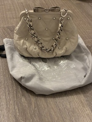 My Flat in London Handbag Ivory with Chain Attached, Pearl indents, flat bottom