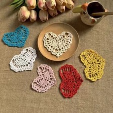 6Pcs/Lot Vintage Hand Crochet Lace Doilies Small Heart Shaped Coasters 4.7x3.5"