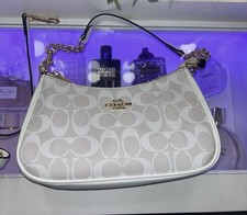 Coach White Beige Logo Shoulder Bag Gold Chain Accent Bag Charm Inner Pockets