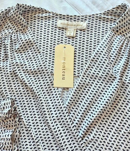 Monteau Los Angeles Blouse Faux Wrap 3/4 Sleeve Black White Geometric Medium NWT - Picture 4 of 6