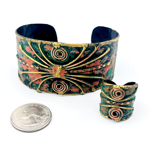 BOHO Artisan Painted Patina Brass Cuff Bracelet Size 7 Ring Set - Picture 13 of 13