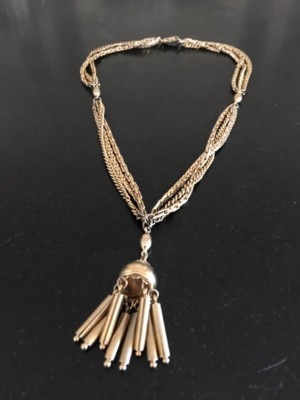 Triple Strand Dangle Tassel Gold Tone Vintage Necklace 15''