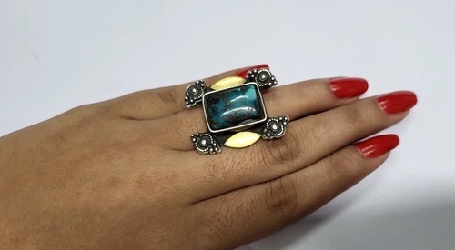 925 Sterling Silver Natural Turquoise Gem Antique Vintage Gold Plated Ring SZ 6 - Picture 8 of 10