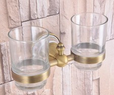 Antique Brass Wall Mounted Bathroom Toothbrush Holder Set Glass Cups fba583