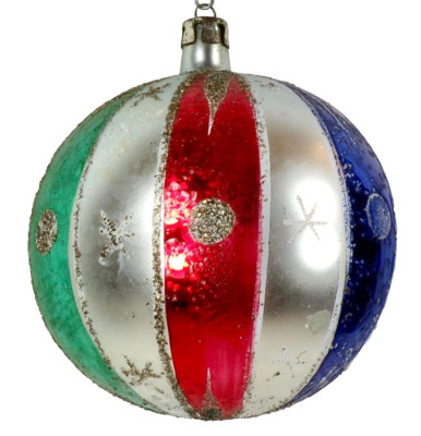 Christmas Ball Mercury Glass Stripes Glitter Snowflakes Jumbo Fantasia VTG #1268