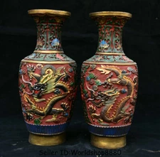 12.2" Qianlong Marked Old China Red Lacquerware Painting Dragon Bottle Vase Pair