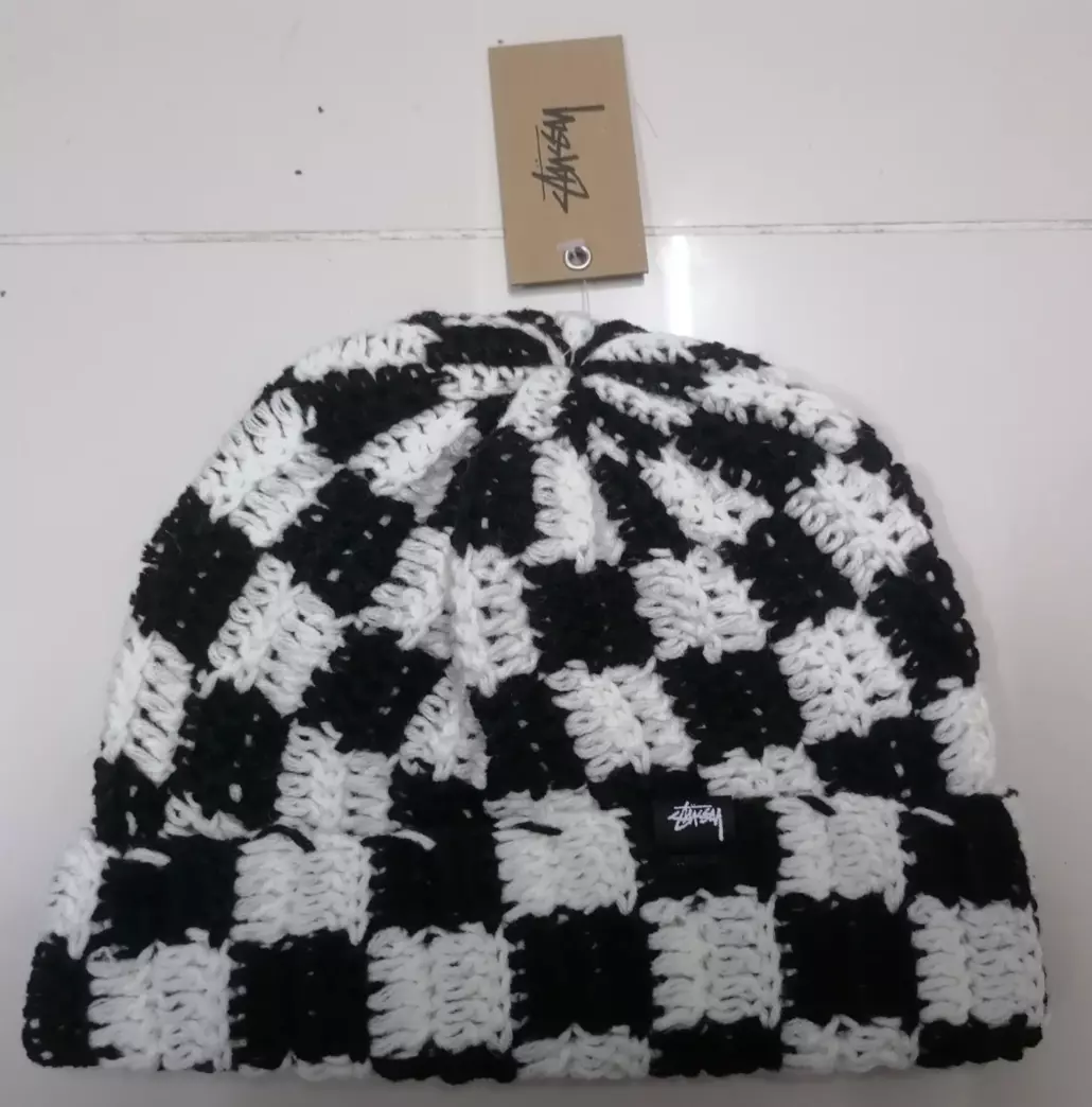 Stussy Crochet Beanie Black / White Knit Hat Checkered Wool | eBay