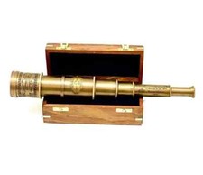 20" Antique Finish Brass Hand Extending Pirate Marine Telescope W/ Wooden Box