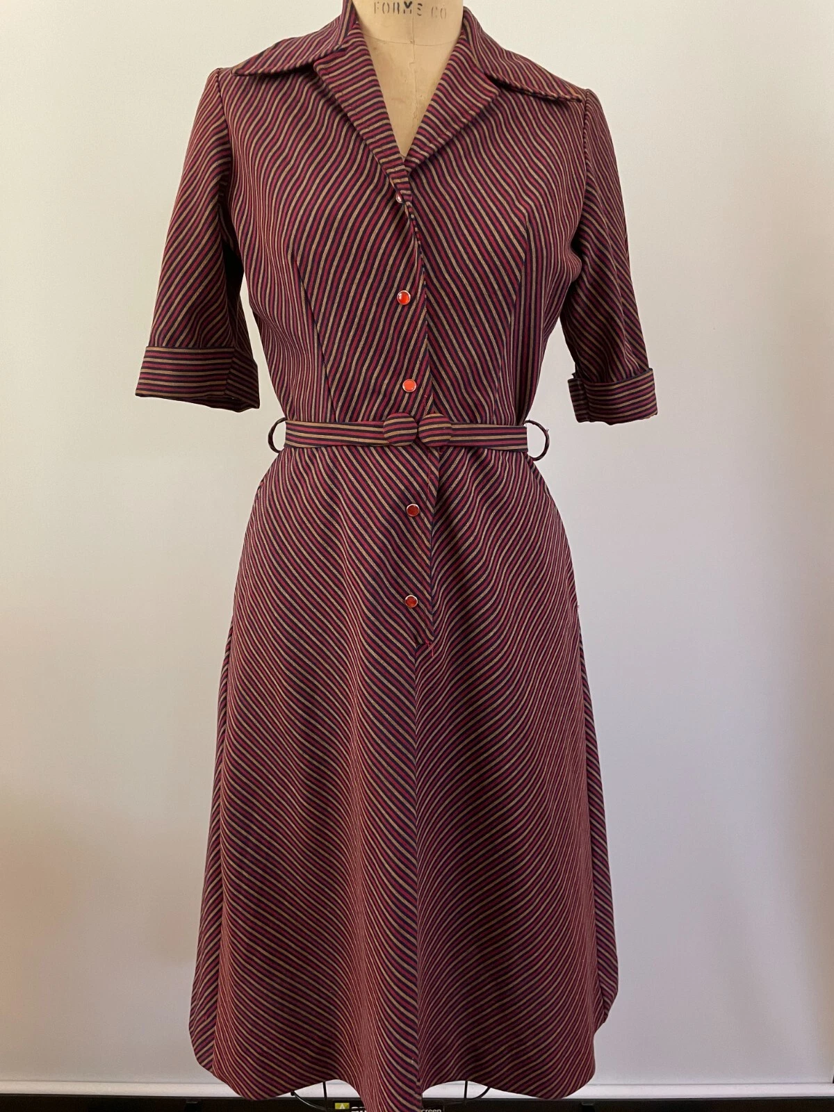 Vintage 1970s Stripe Trenchcoat Dress Bohemian Chic New Look Midi Fall medium