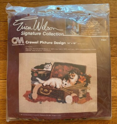 Columbia-Minerva Erica Wilson ''Naughty Kittens in Basket'' Crewel Kit - Unopened