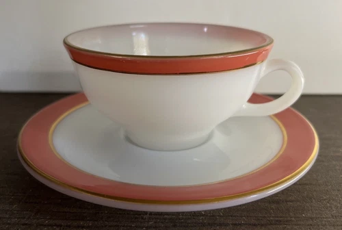 Vintage PYREX White with Flamingo Pink Coral Band - Cup and Saucer plate set