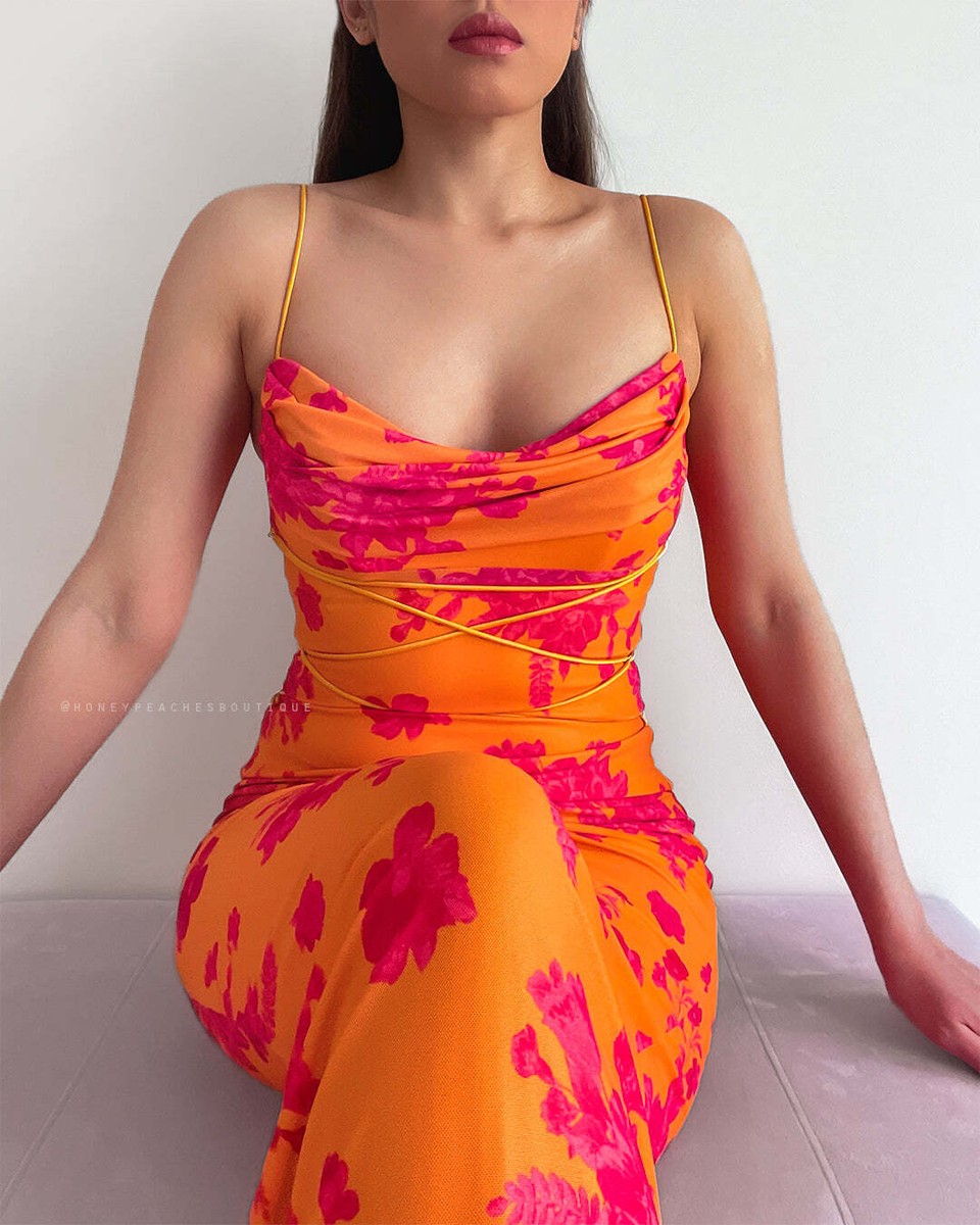 Christina Mesh Bodycon Maxi Dress Orange/Hot Pink Floral UK