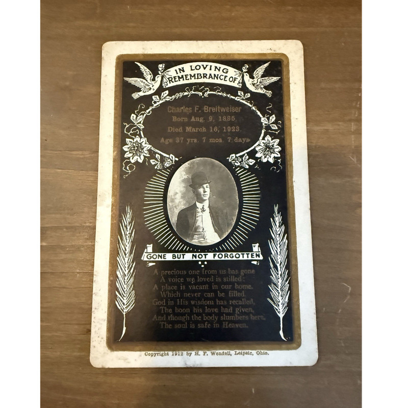 Charles F. Breitweiser Memorial Keepsake Card "Gone But Not Forgotten" 1885-1923