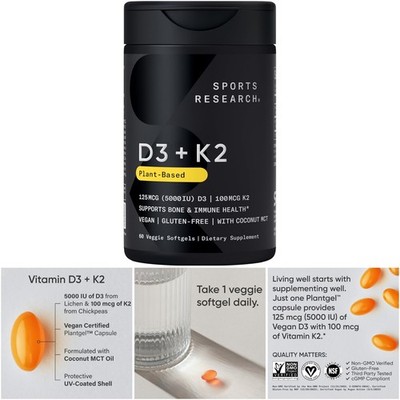 Vegan Vitamin D3 5000iu K2 100mcg Bone Immune Support 60 Softgels