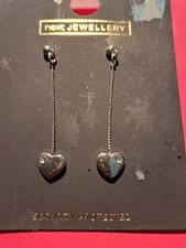 Next Silvertone Dangle Drop Earrings,Hearts with faux Diamonds on Chain-NEW