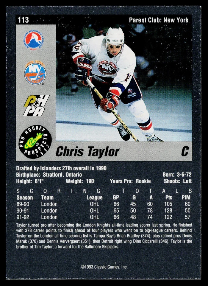 1993 Classic Pro Prospects #113 Chris Taylor Capital District Islanders - Image 2 of 2