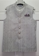 Ruby's Collection Men's Pakistani Formalwear Brocade Waistcoat - Silver - XXL