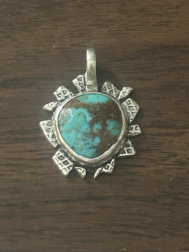 Signed Native American Sterling Silver Copper Turquoise Pendant SMH Navajo