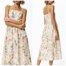 NWT H&M STRAPPY MIDI DRESS Cream/Pink/Green/Yellow Floral Tropical Sundress Sz S