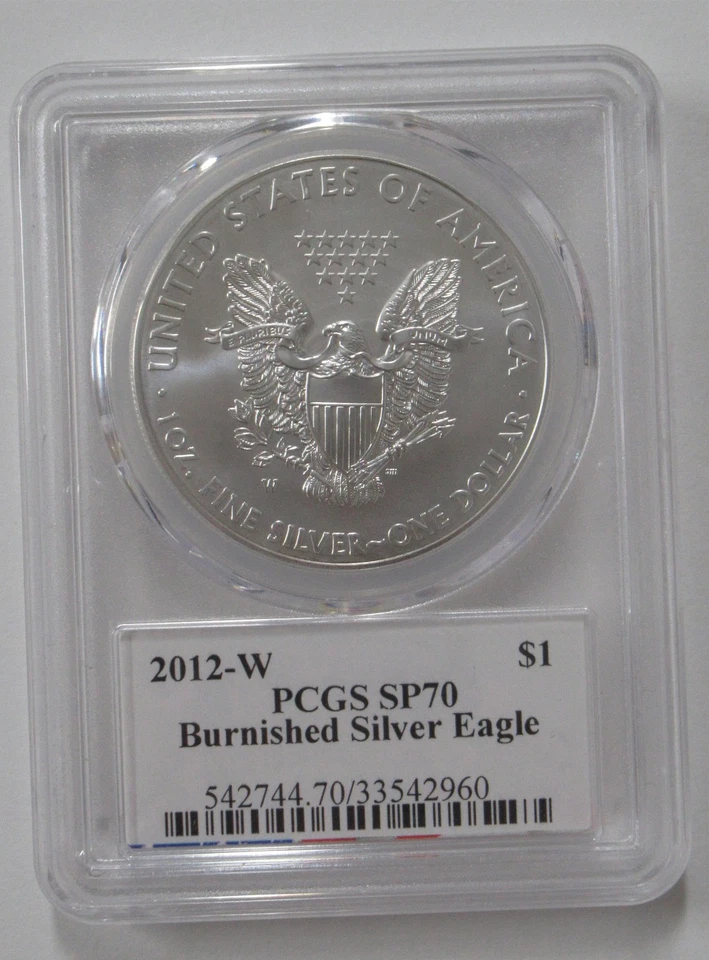 US 2012 W BURNISHED SILVER American Eagle $1 Dollar Signed Edmund Moy PCGS SP70 - Image 2 of 4