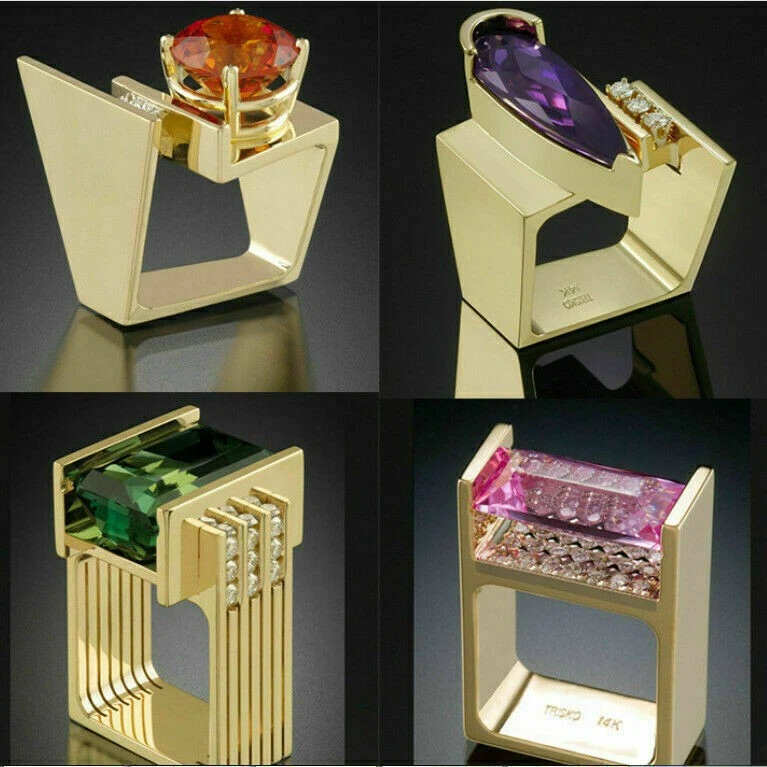 Anillos de circonita cúbica de boda corte amatista esmeralda geometría única joyería de fiesta Foto 3 de 4