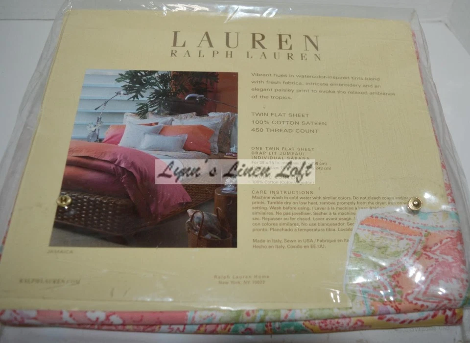 Lençol plano duplo RALPH LAUREN Jamaica Paisley Coral 450TC ALGODÃO ACETINADO - Imagem 3 de 3