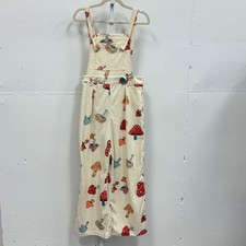 Cider Mushroom Print Corduroy Overalls Beige Red Wide Leg Jumpsuit Med Novelty