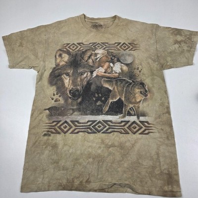 Vintage The Mountain Shirt Mens Large Beige Tie Dye Wolf Native 2005 Tee