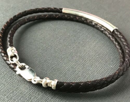Mens Black Leather Braided Wristband, Sterling Silver Bead Wrap Bracelet, Sizes - Picture 4 of 12