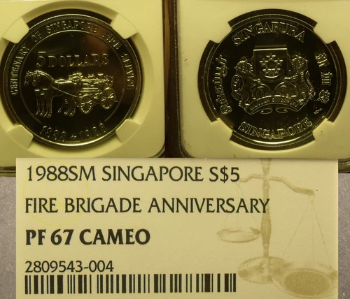 Singapore 1988 $5 Fire Brigade NGC PF-67 Cameo 100th Anniv~POP 1~Rare~Free Ship