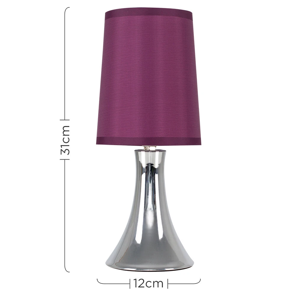 Chrome Touch Table Lamp 31CM Bedside Dimmable Light Fabric Shade & LED Bulb - Picture 17 of 27