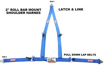 BUGGY 3 POINT RACING SEAT BELT LATCH & LINK V ROLL BAR MOUNT BOLT IN 2'' BLUE