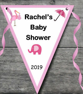 Baby Pink Baby Shower Bunting Girl Flag Banner Personalised Decoration Pb106pi