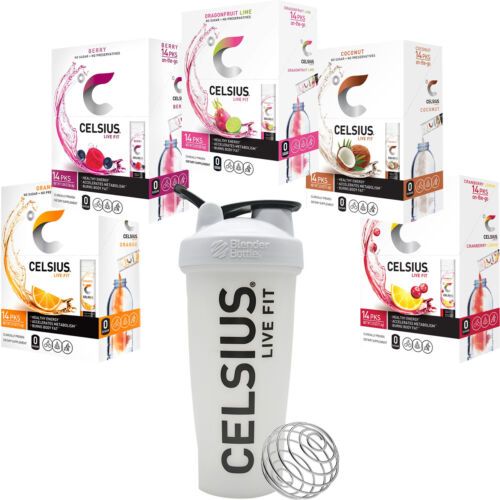 CELSIUS On-The-Go Energy Drink Powder Sticks (5 Pack) with Blender Bottle Shaker