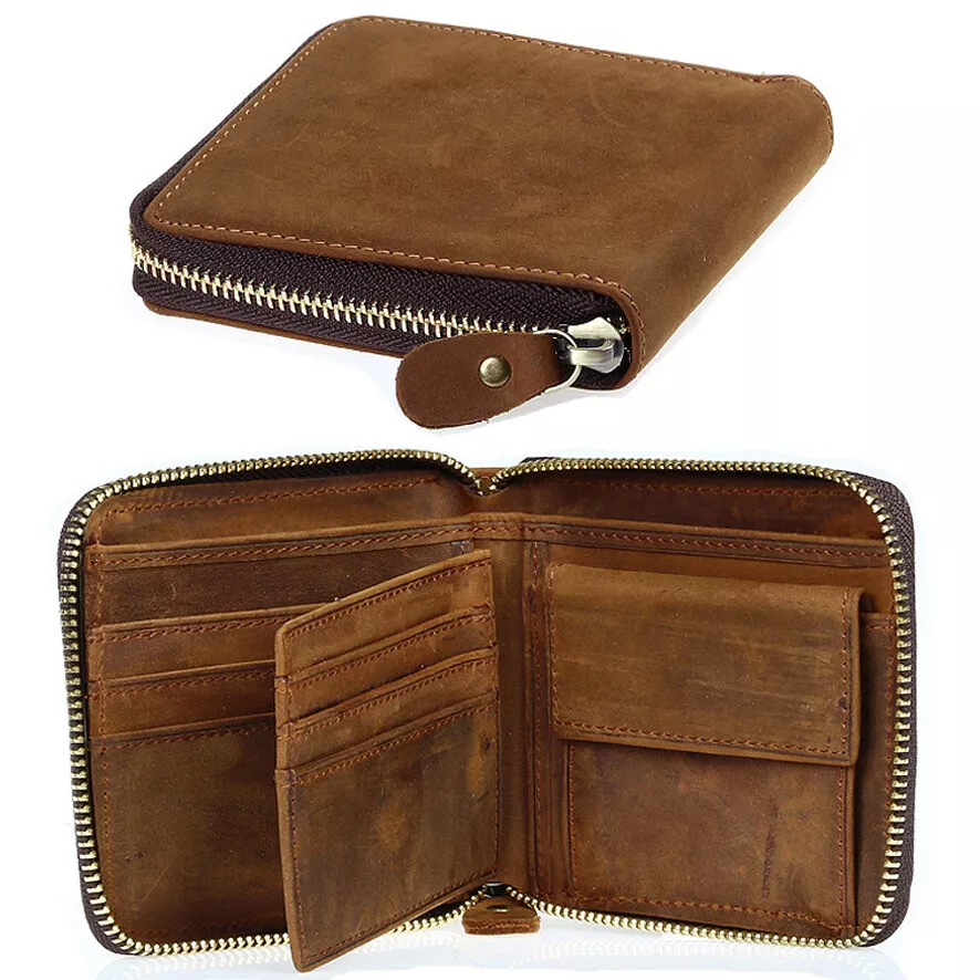 100 Crazy Horse Leather Retro Men s Zipper Wallet Credit Card