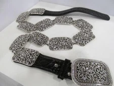 NOCONA BELT CO Silver/Black METAL w/Rhinestones & LEATHER BELT 1 3/4" x 51"