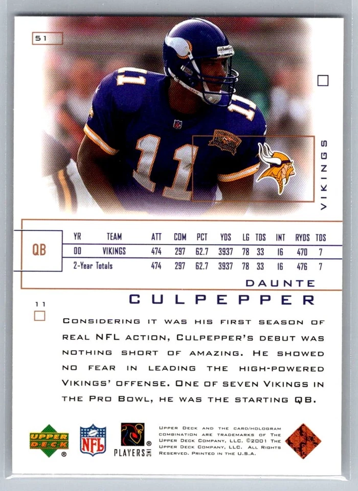 💎2001 Upper Deck Pros & Prospects Football #51 Daunte Culpepper - Vikings💎 - Image 2 of 2