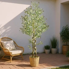 7ft Artificial Olive Tree with 10’’ Woven Basket, Realistic Fake Faux Plant w...