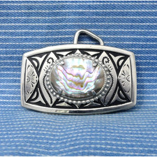 Western Dress Belt Buckle Iridescent Abalone Shell Cowboy Cowgirl Vtg 80s.CPA596
