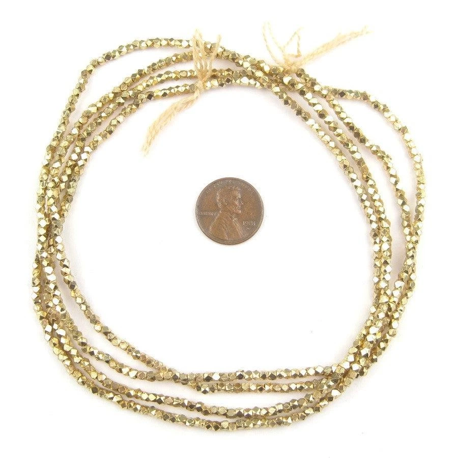 Pequeñas cuentas de color oro facetadas corte diamante 2 mm latón 24 pulgadas hilo Foto 2 de 3