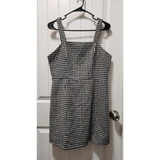 Cider Houndstooth Plaid Square Neck Mini Jumper Dress Zip Up Black White Size XL
