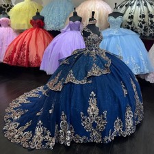Navy Blue Quinceanera Dress Off Shoulder Gold Lace Appliques Sweet 16 Ball Gown
