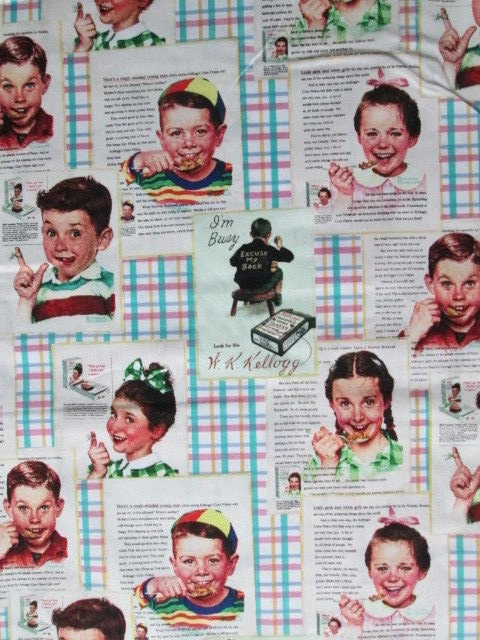 Vintage Kelloggs Cereals Cereal Kids Blocks Cream Cotton Fabric FQ - Image 3 of 4