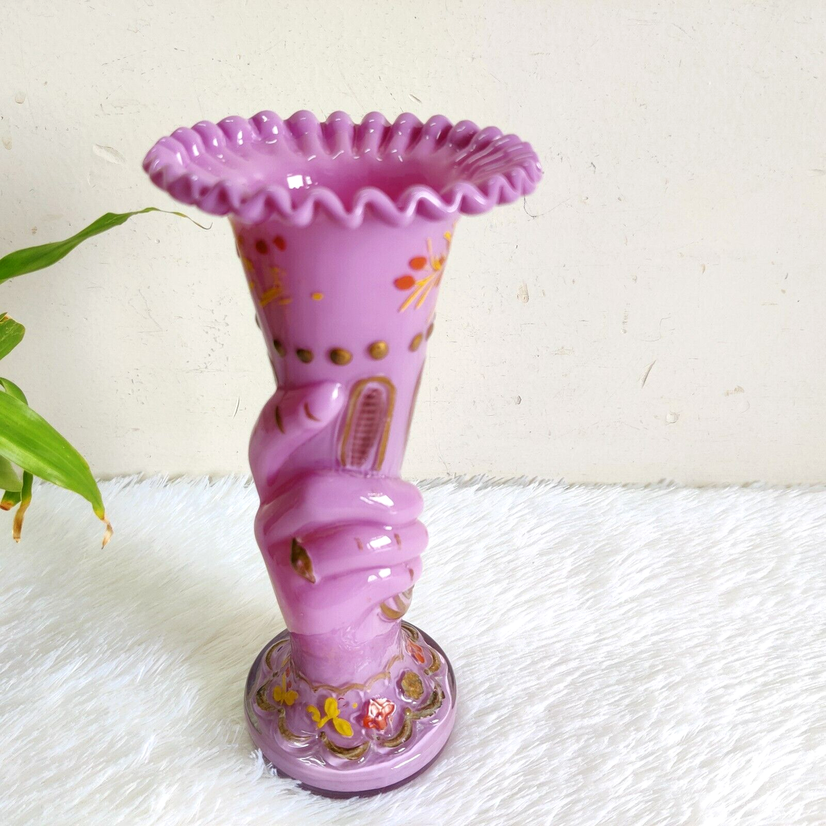 Vintage Hand Shape Enameled Pink Glass Flower Vase Japan