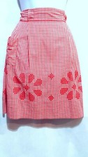 Vintage Half Apron Red Gingham Check Pocket Cross Stitch Flowers
